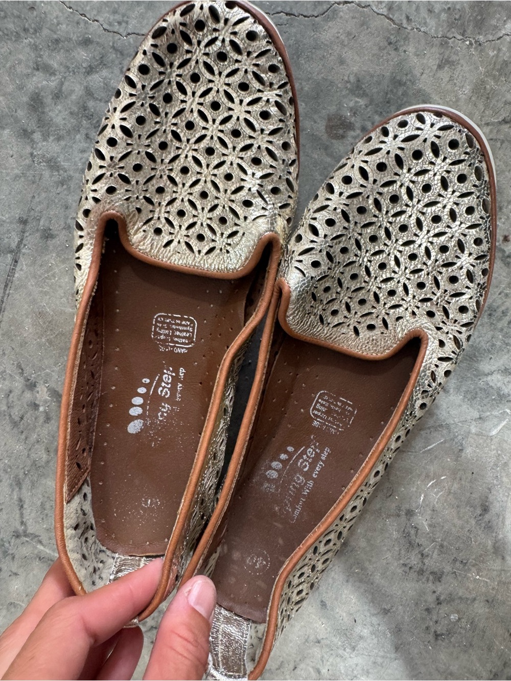 Spring Step Metallic Gold Laser-Cut Slip-On Loafers